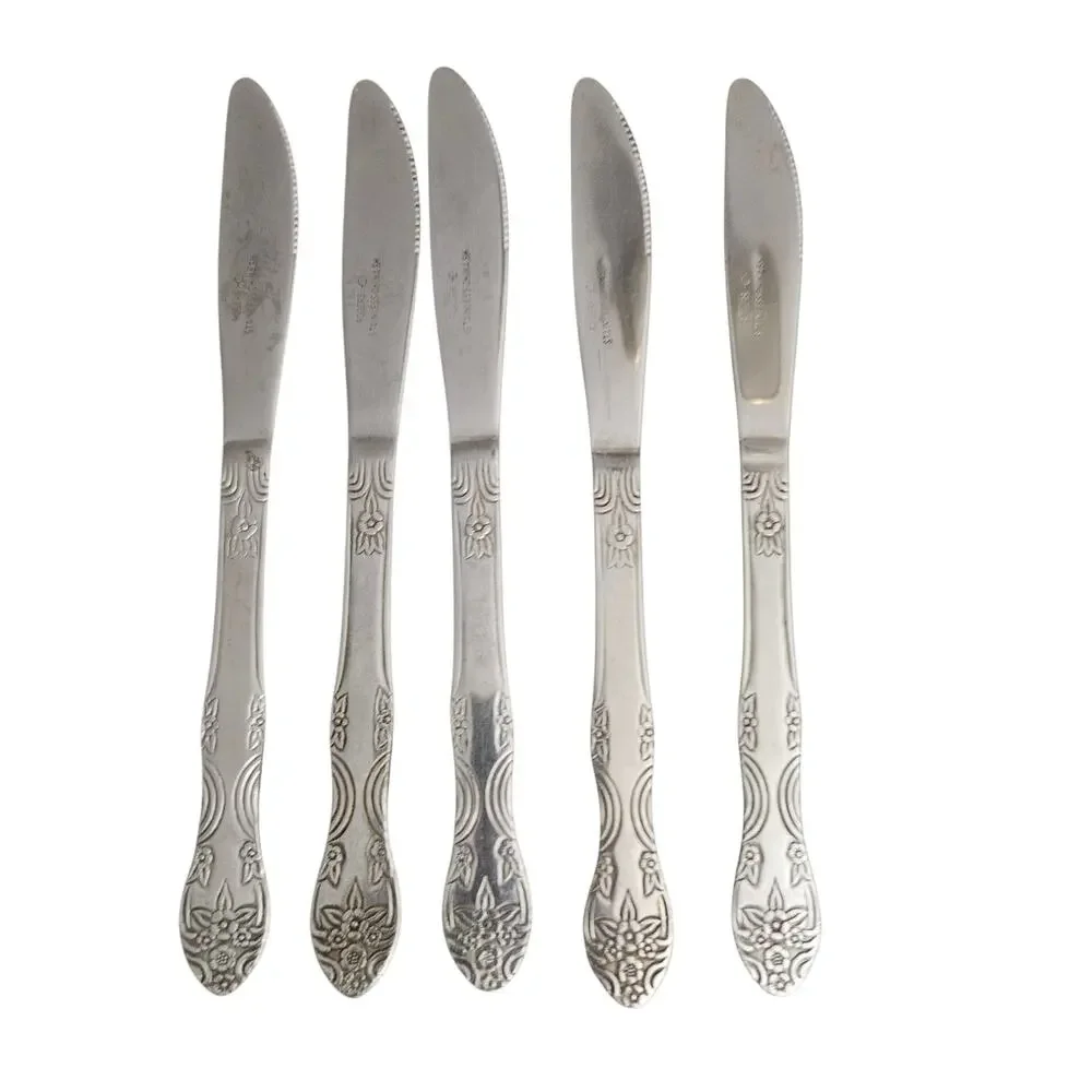 Rogers Stainless Steel Dinner Knives Set of 5 Floral Flatware China Vintage